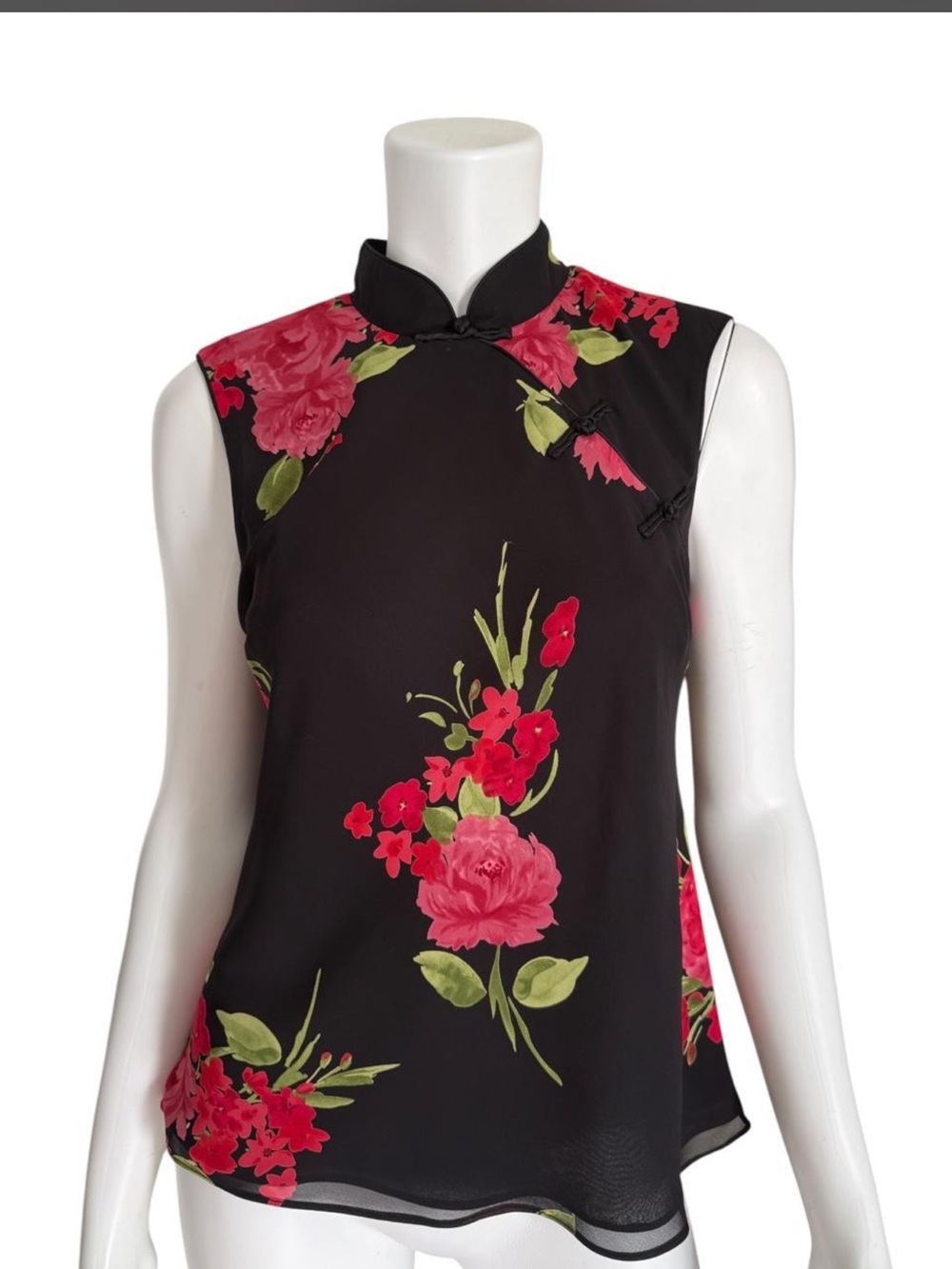 Studio I Black Floral Mandarin Collar Sleeveless Blouse‎ Top Size 6 Black